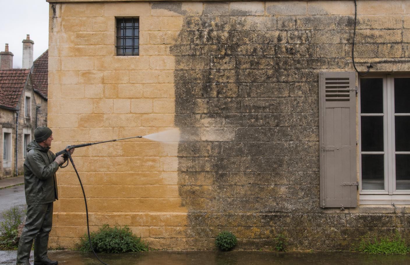 Nettoyage haute pression d’une façade en pierre calcaire